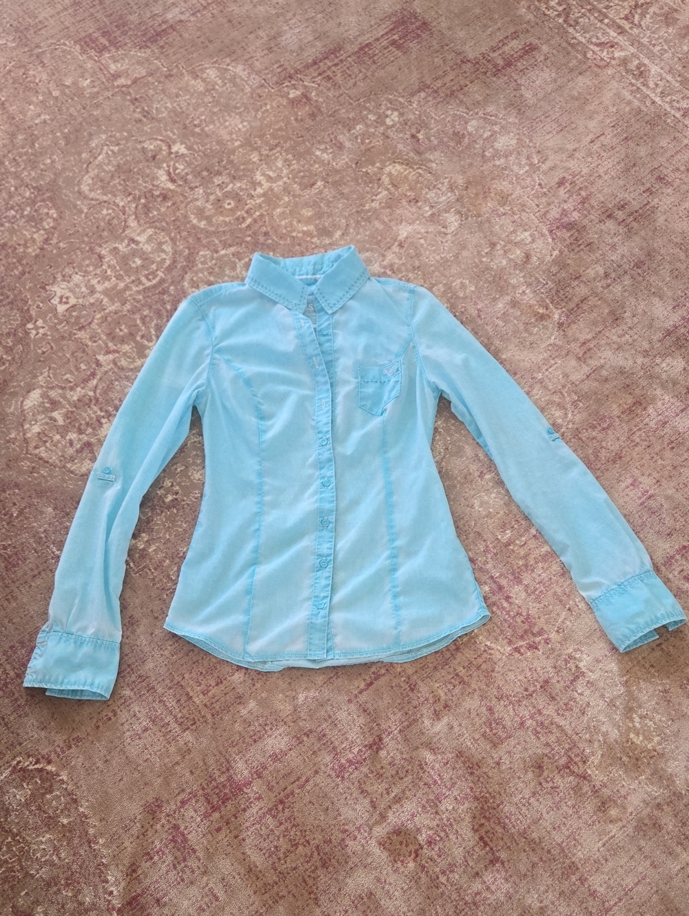 Guess Women's Vintage Aqua Blue Marbled Button-Down Shirt